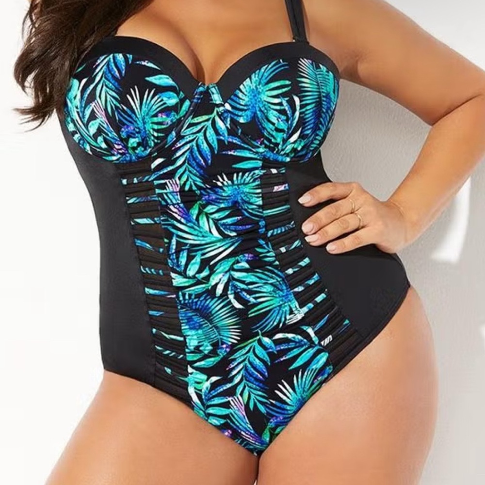 Black and Blue Leaf Print One-Piece Swimsuit - Picture 1 of 3
